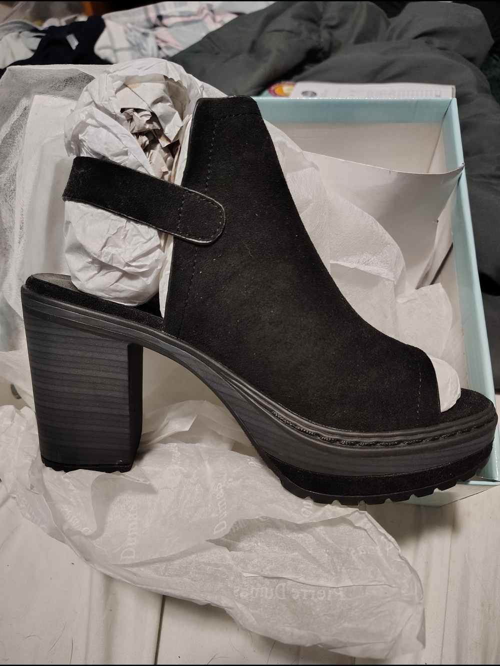 Pierre Dumas Black Suede Peep-Toe Chunky Heel Slingback